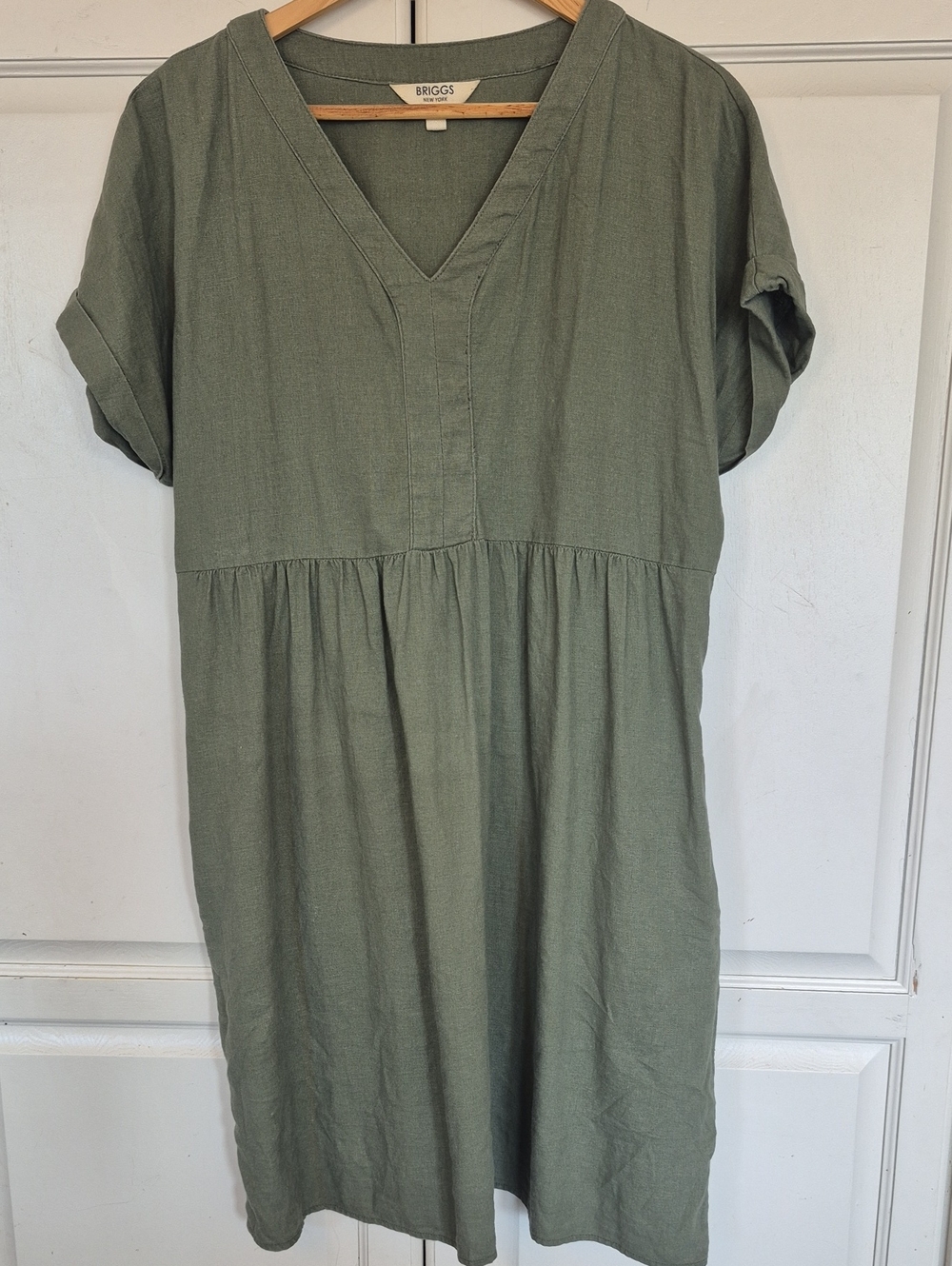 Briggs New York Linen Olive V-Neck Midi Dress with Rolled Short Sleeves